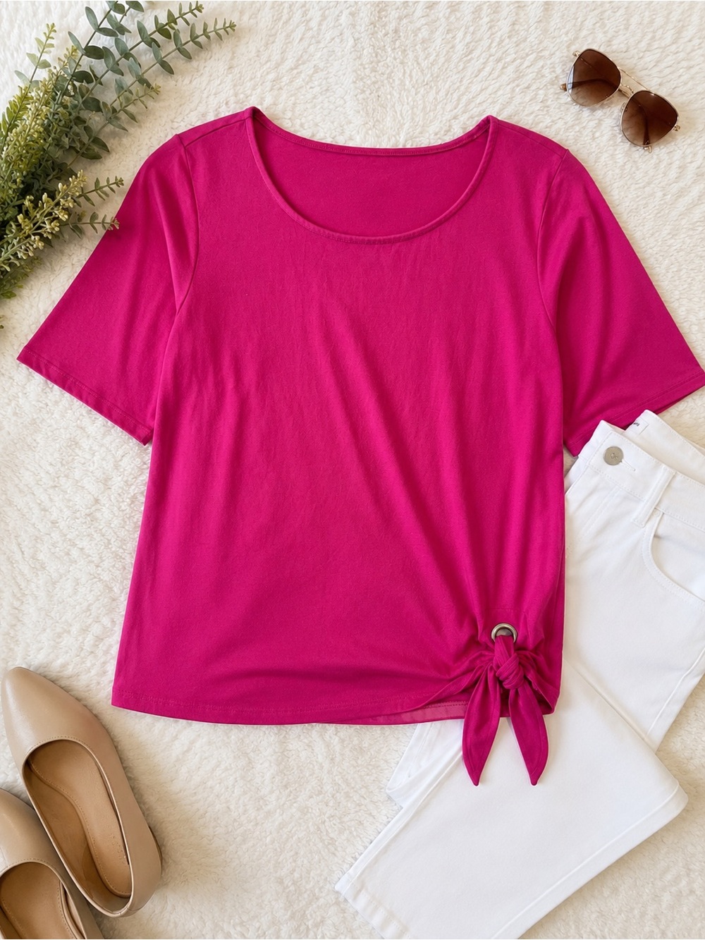 💖Belle by Kim Gravel Hot Pink Side Tie Top Scoop Neck Stretch Knit Blouse Medium